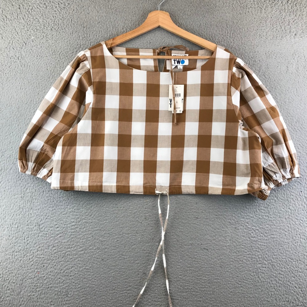 New WHIT TWO Anthropologie XL Crop Top Gingham Plaid Balloon Sleeve Drawstring